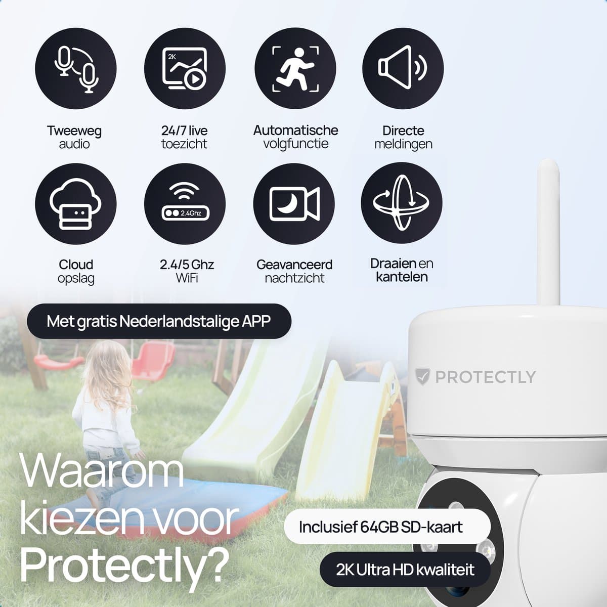 Protectly Bewakingscamera Buiten – 2K HD 3MP met 64GB SD - afbeelding 1