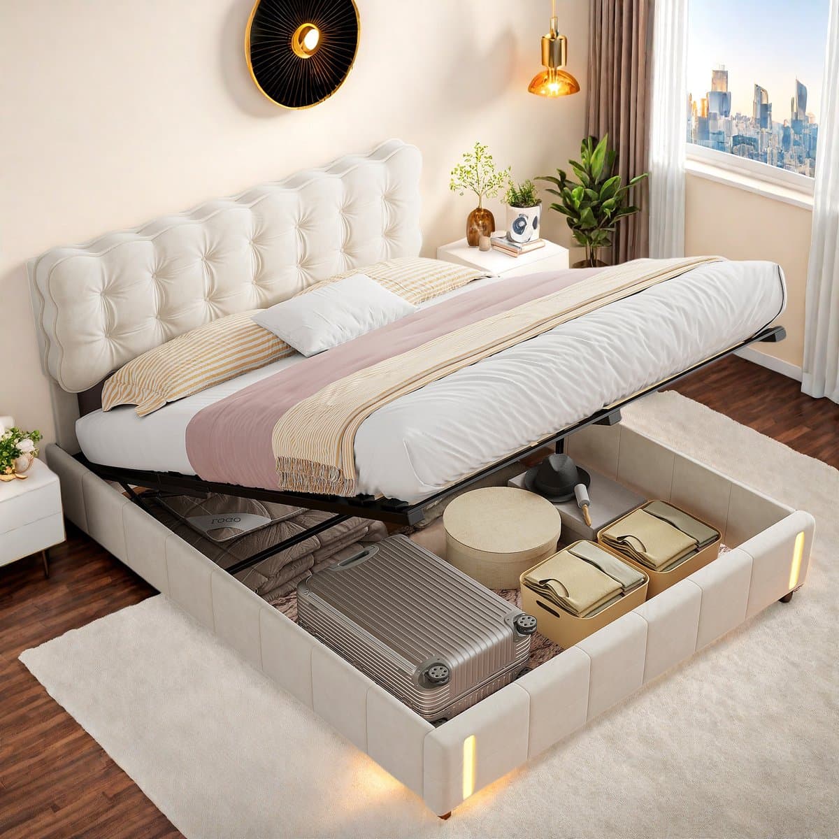 Opbergbed 160x200 cm beige fluweel met hydraulische opbergruimte, LED-verlichting en gestoffeerd hoofdbord, modern tweepersoonsbed thumbnail 8