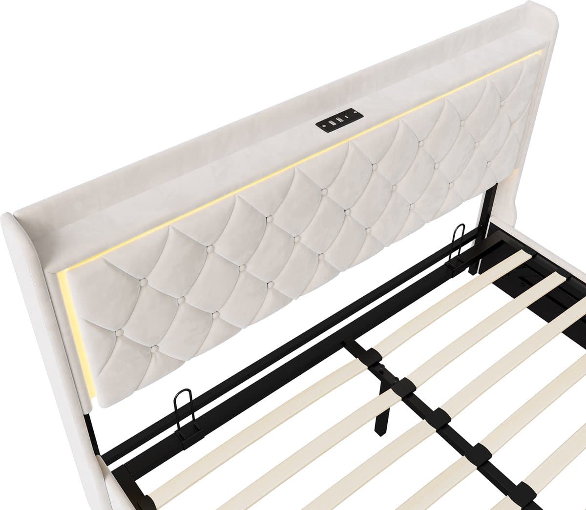 Opbergbed 160x200 cm – Tweepersoonsbed – Beige fluwelen gaslift bed – Hoofdbord met LED-sfeerverlichting, USB-oplaadfunctie, multifunctioneel slaapkamerbed thumbnail 4