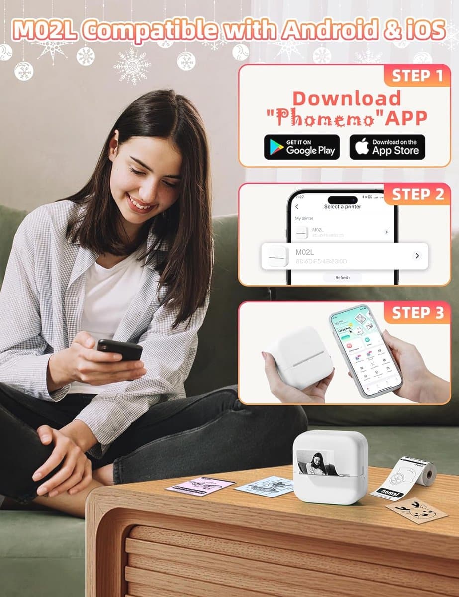 Draagbare Mini Printer - Bluetooth Thermische Stickerprinter voor Telefoon met Papierrol voor Foto's, Notities, Dagboeken en DIY thumbnail 4