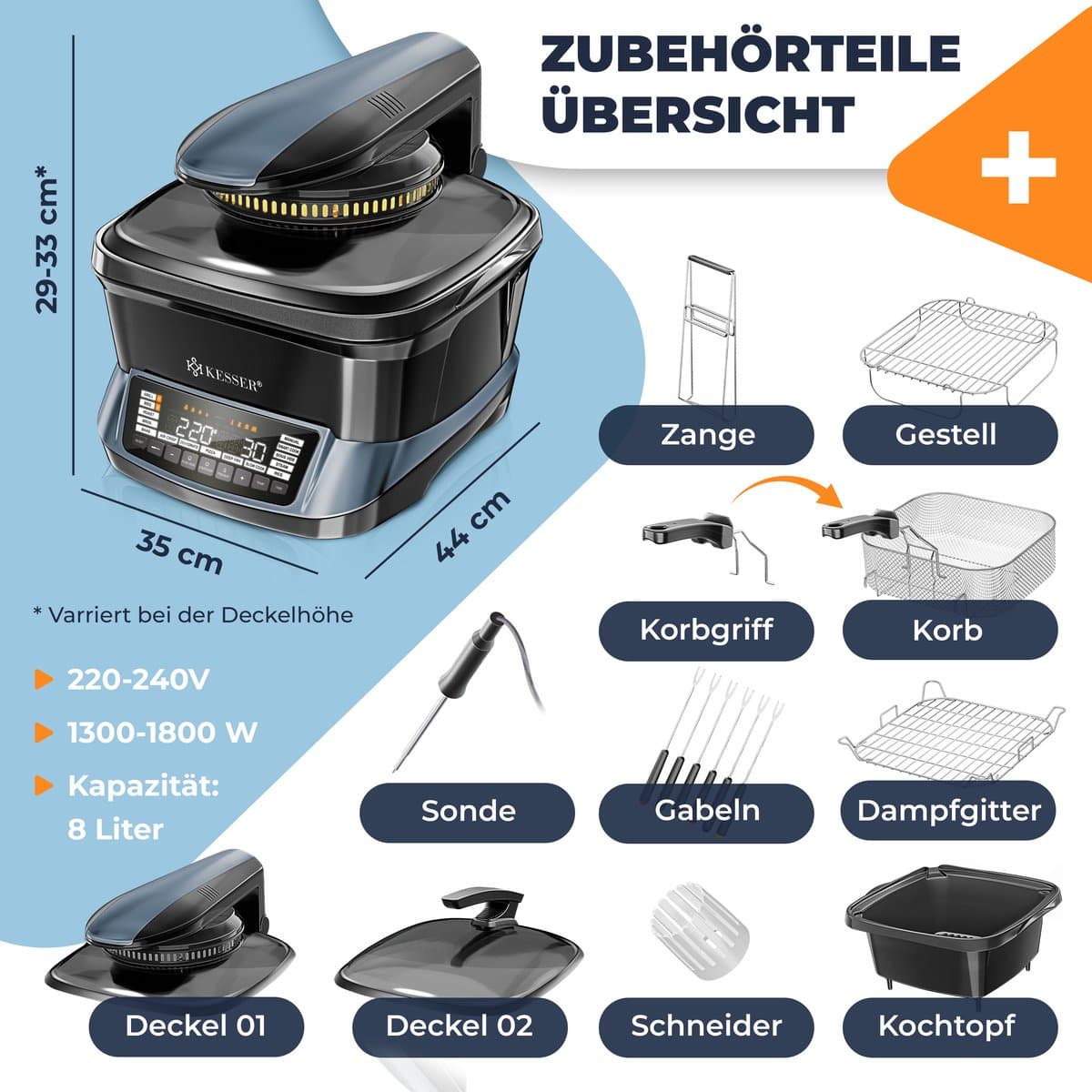 KESSER® Multicooker Airfryer 8L met 16 Kookfuncties Inclusief Stoomkoker, Rijstkoker, Grill Apparaat thumbnail 2