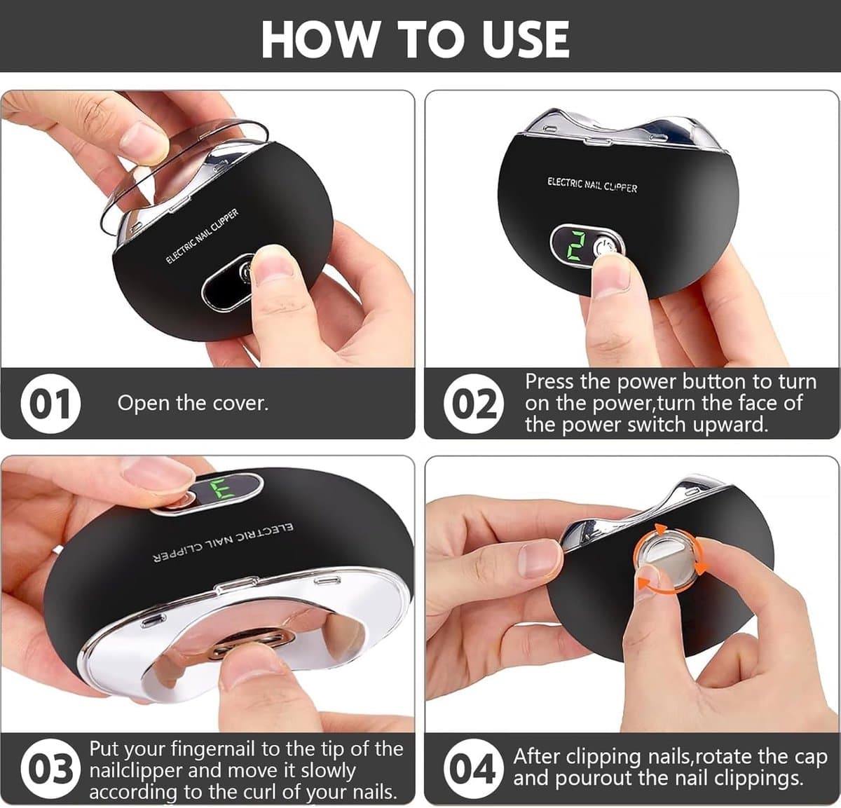 Elektrische nagelknipper - Oplaadbare nageltrimmer - Automatische nagelknipper - Nagelverzorging - Waterdicht - Nagelset - LED-lampje - Drie snelheidsstanden - Zwart thumbnail 4