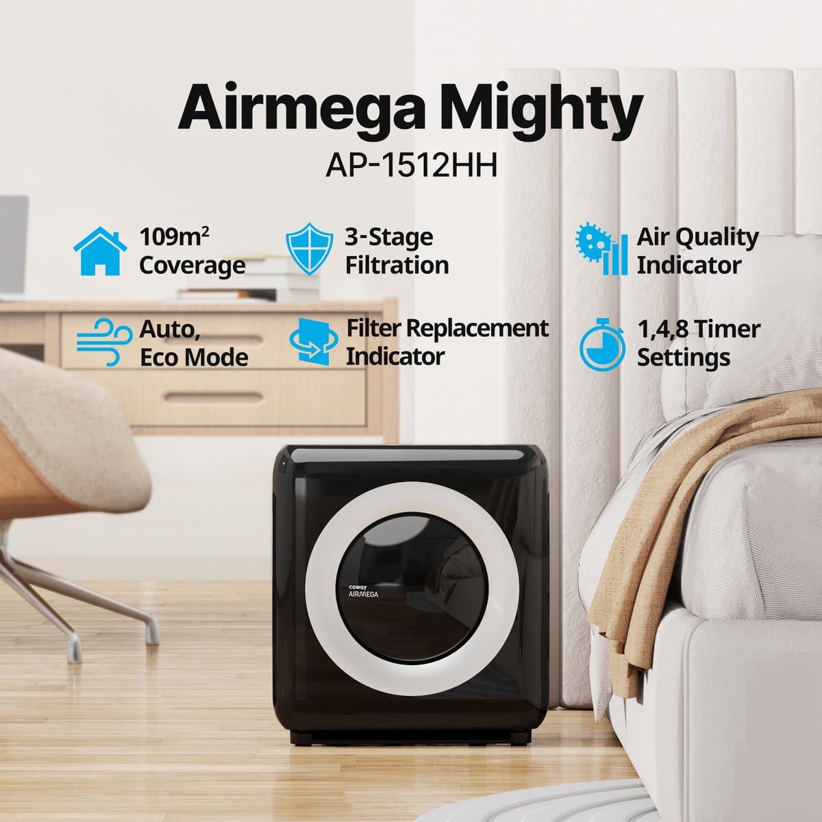 Coway ap-1512hh MIGHTY Luchtreiniger - Air Purifier - 421 m³/u - Wasbaar pre-filter + HEPA filter + geurfilter - Tegen stof, pollen, allergenen en huisdieren - Fluisterstil met slaapstand - Wirecutter Top Pick - Zwart thumbnail 2