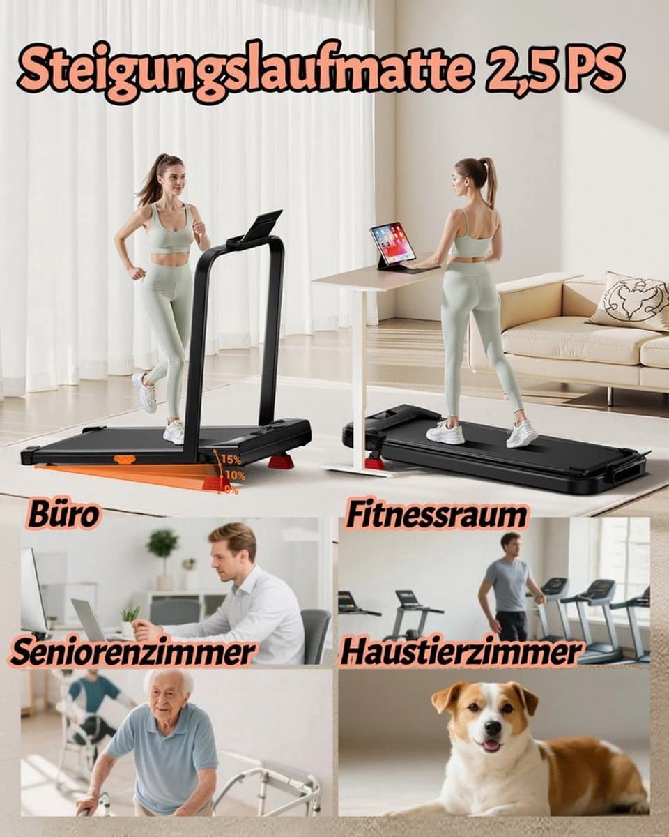 6-in-1 opvouwbare loopband met een stille motor. De loopband beschikt over een instelbare helling tot 15%, een verend loopvlak en ondersteunt een maximaal gewicht van 136 kg thumbnail 3