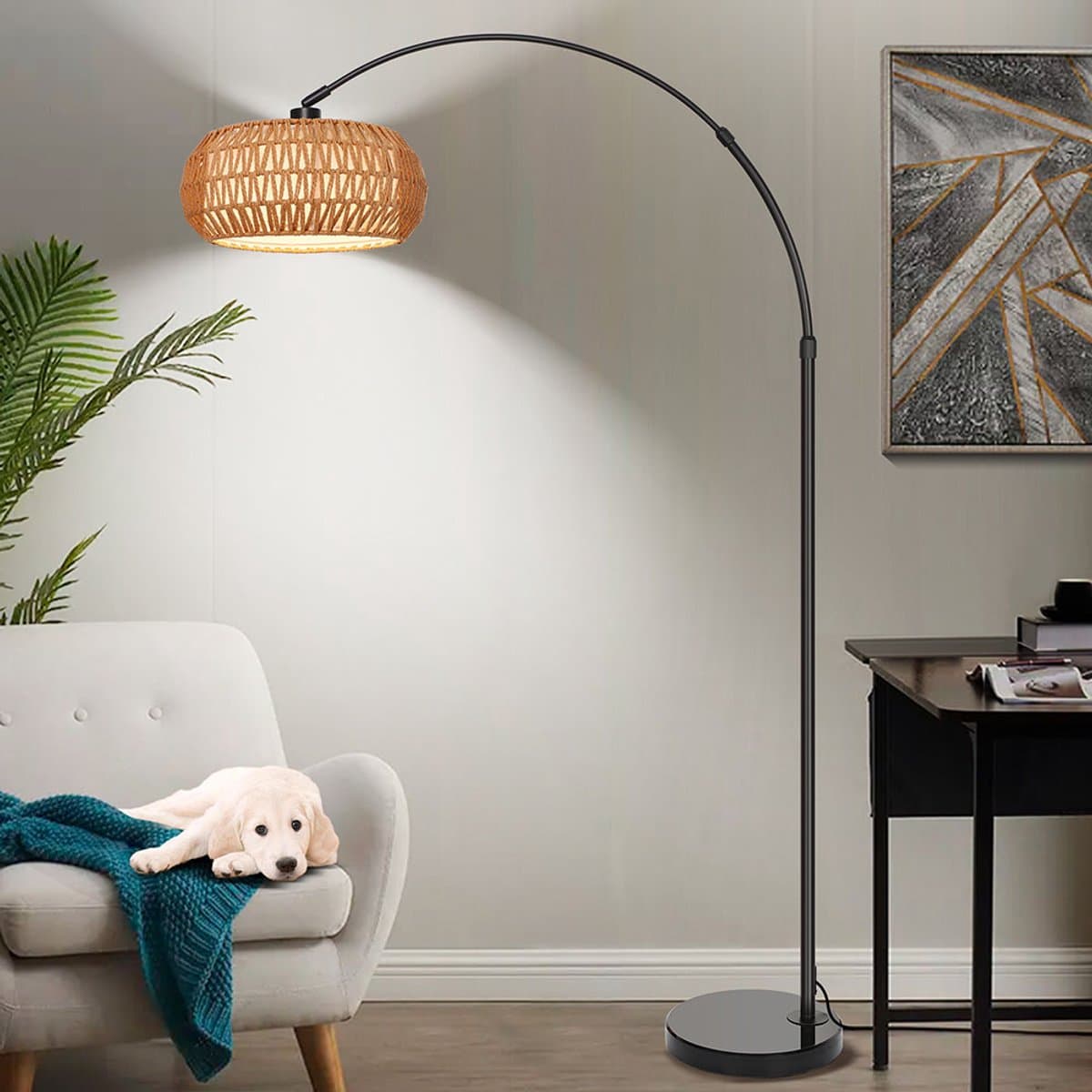 MUPOO Rotan Vloerlamp - Boho Leeslamp Woonkamer - E27 Staande lamp - met afstandsbediening - Stoffen Lampenkap - Dimbaar - 185cm - voor gebruik in slaapkamers thumbnail 8