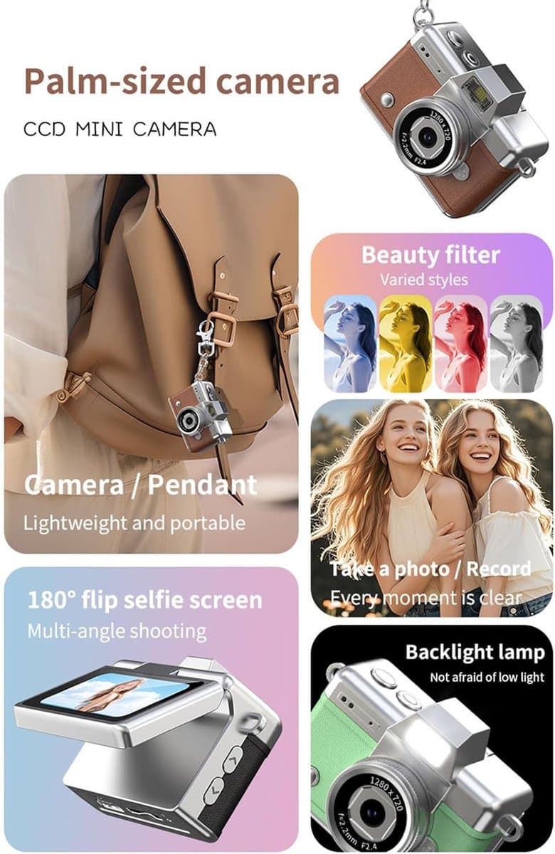 Mini sleutelhanger camera - 1080P digitale camera met 64GB TF-kaart, compact gadget voor kinderen en volwassenen, ideaal verzamelobject en cadeau voor reizen, verjaardagen en als klein cadeautje - Roze thumbnail 5