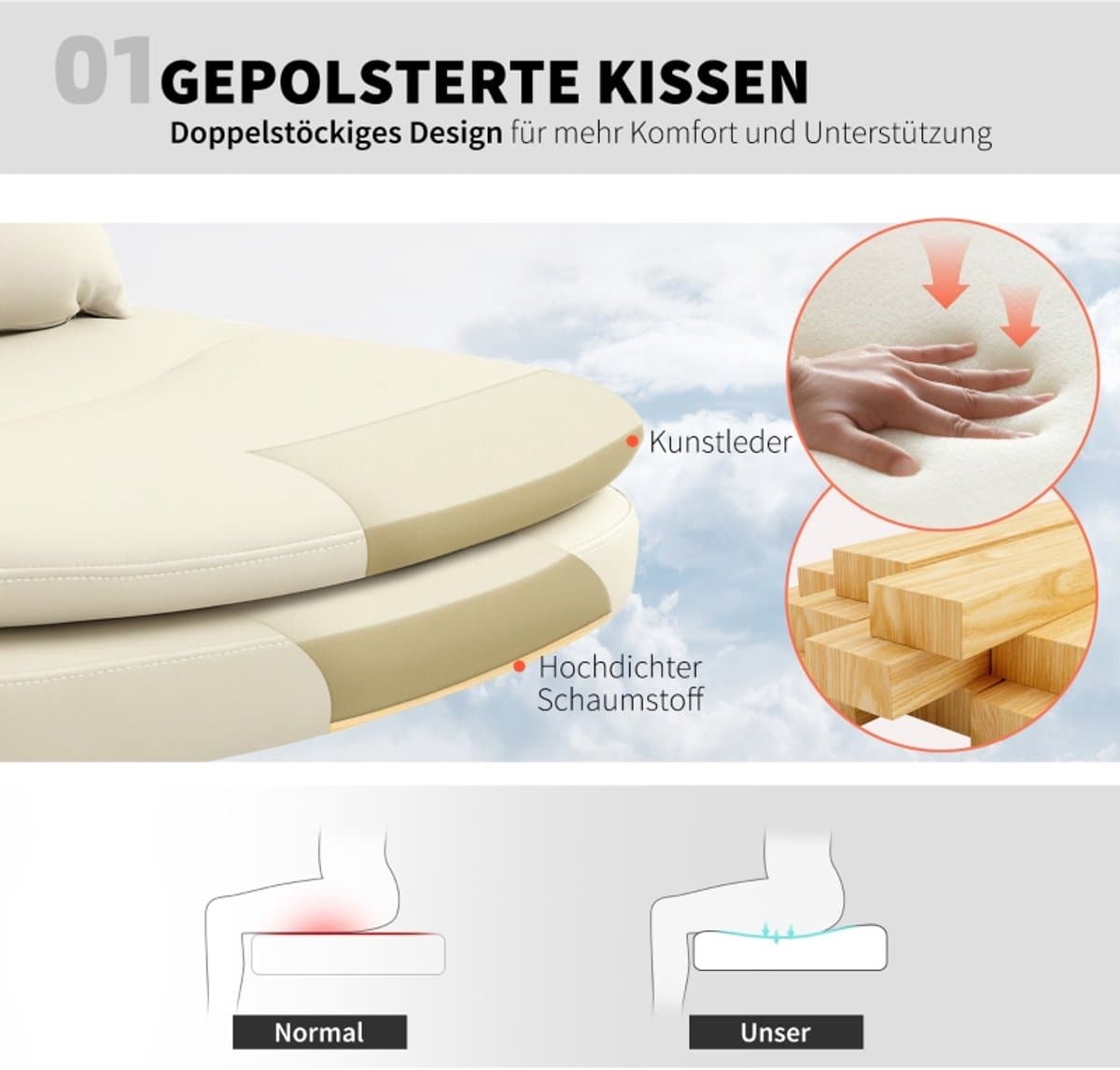 HAUSS SPOLE Bureaustoelen - Bureaustoel Draaibaar Met Knophefting En Extra Kussen - Met Wieltjes Voor Thuiswerk En Kantoor - 67×63×93 cm - Leer - Beige thumbnail 2