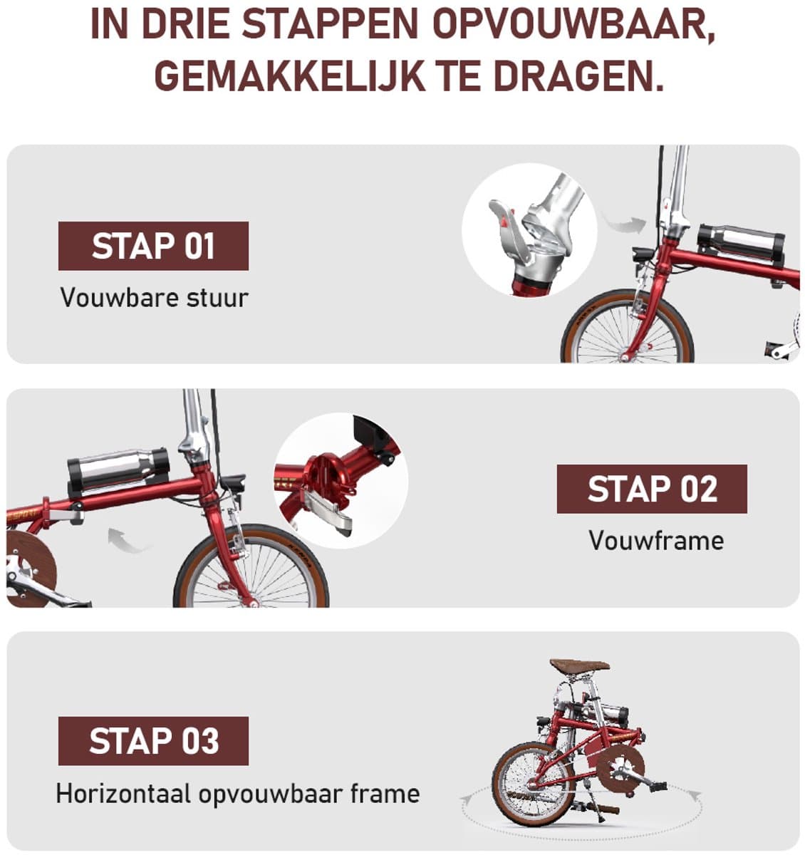 Elektrische Fiets ONESPORT OT02 - Compacte Elektrische Vouwfiets - 36V 5.2Ah Accu - 40 km Actieradius - 16×1.35 inch Banden - Snelle Oplaadtijd 2,5 uur - Ideaal voor Stad en Woon-werkverkeer - Rood thumbnail 5