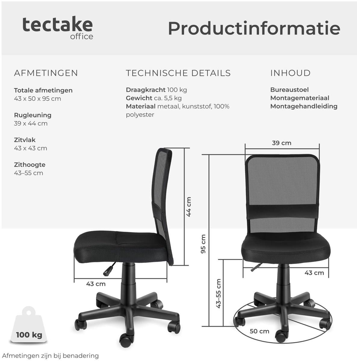 tectake® Ergonomische Bureaustoel - Draaistoel met Wielen, Gamingstoel, Comfortabel Meubilair voor Studeer- en Kinderkamer, PC- en Computerbureau - Zwart thumbnail 8