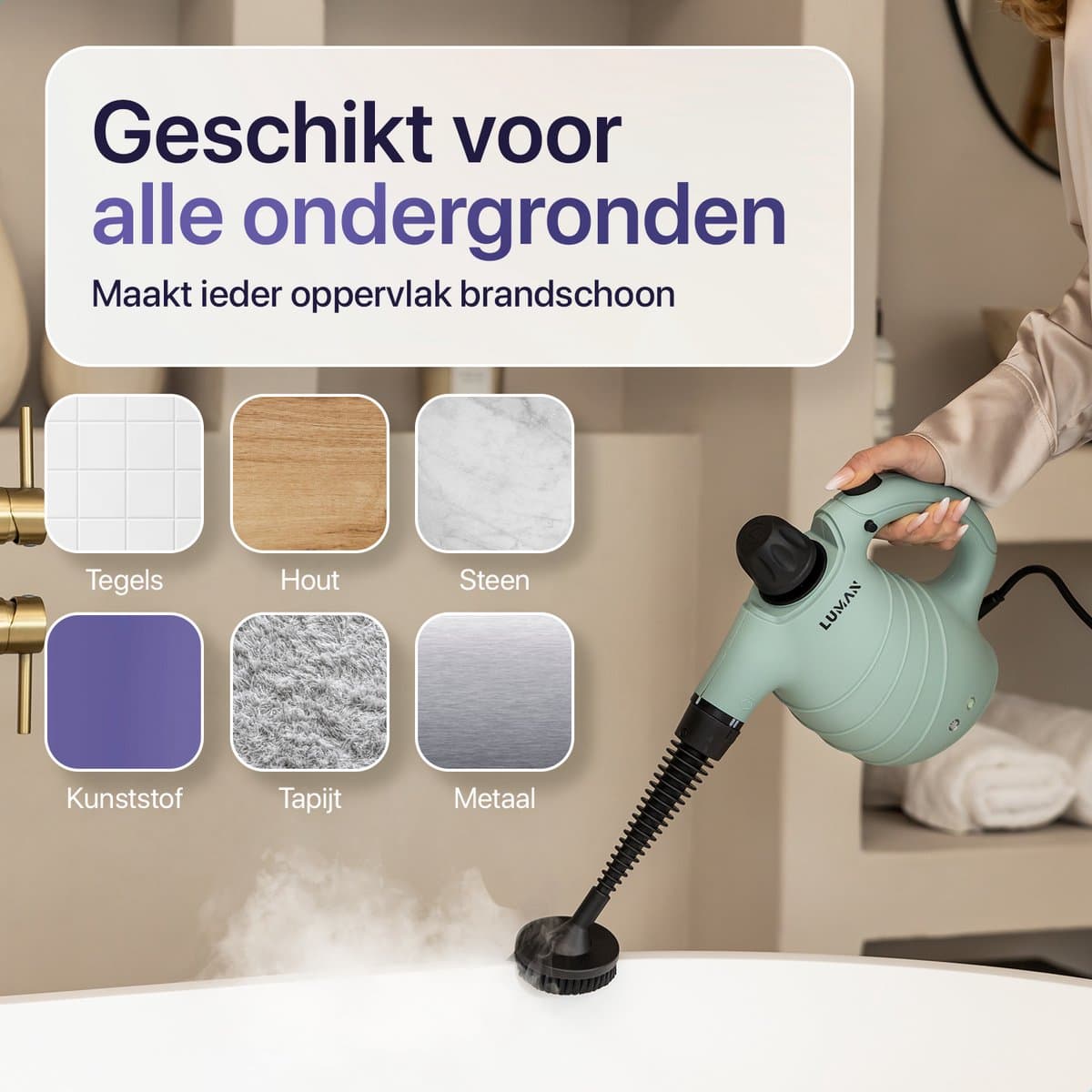 LUMAN 16 in 1 Stoomreiniger C1 - Handstoomreiniger - Handstomer - Vlekkenreiniger - Tapijtreiniger - Incl. Opbergtas en 16 Opzetstukken - 1050 Watt - 450 ML - Groen thumbnail 4