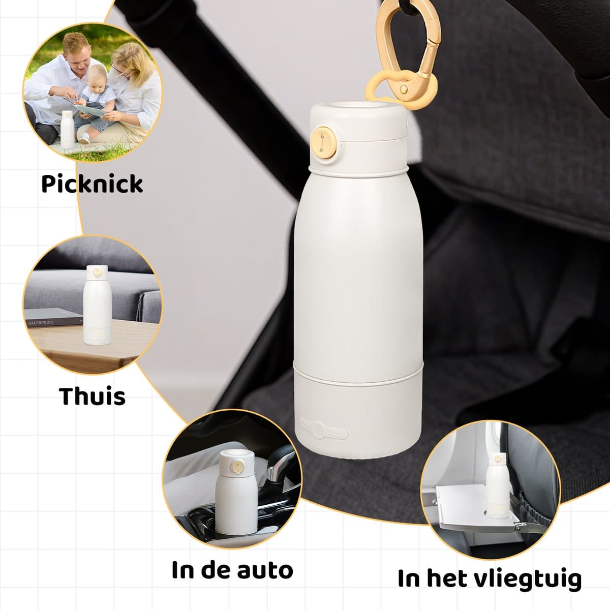 Draagbare Flessenwarmer met 10.000mAh Accu - 500ml Baby Waterwarmer - Snoerloos Gebruik - Precieze Temperatuurregeling & 24u Warmhoudfunctie - Oplaadbaar via USB-C - Kinderslot - Wit/Rvs thumbnail 6