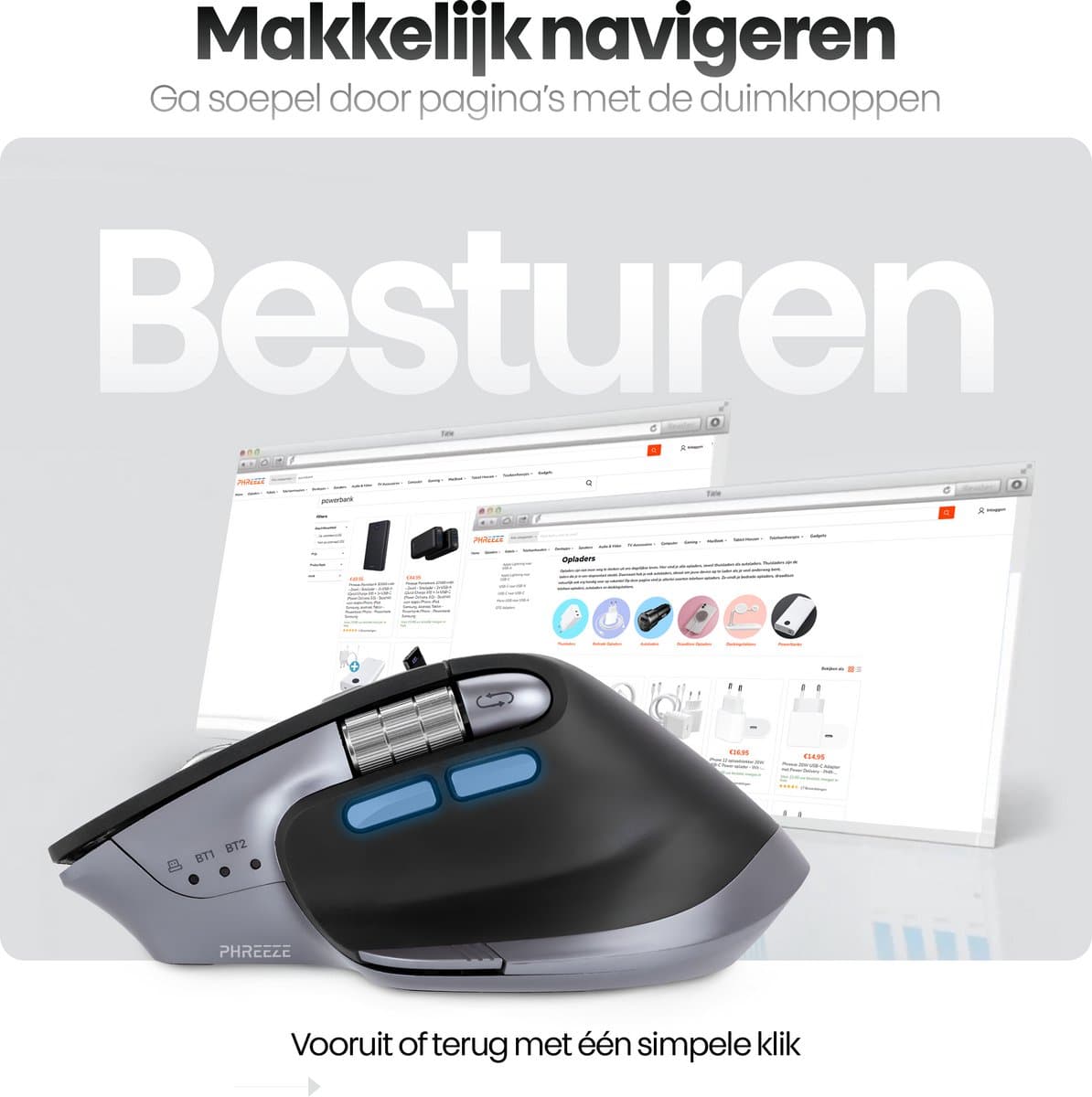 Phreeze Master 3S Pro Draadloze Ergonomische Muis - Bluetooth & 2.4Ghz USB - Computermuis Oplaadbaar - met Horizontaal & Smart Scrollwiel (Snel Scrollen) thumbnail 5