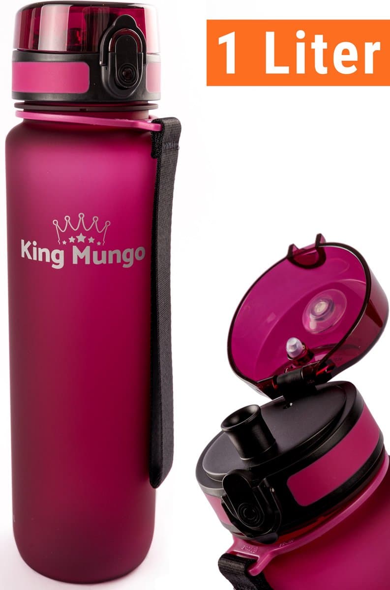 King Mungo Waterfles 1 Liter Mat Paars Rood - Drinkfles & Sport Bidon Volwassenen - 100% Lekvrij & BPA-vrij Tritan - Stijlvol Design Zonder Rietje - Drinkbus 1000ml Cadeau
