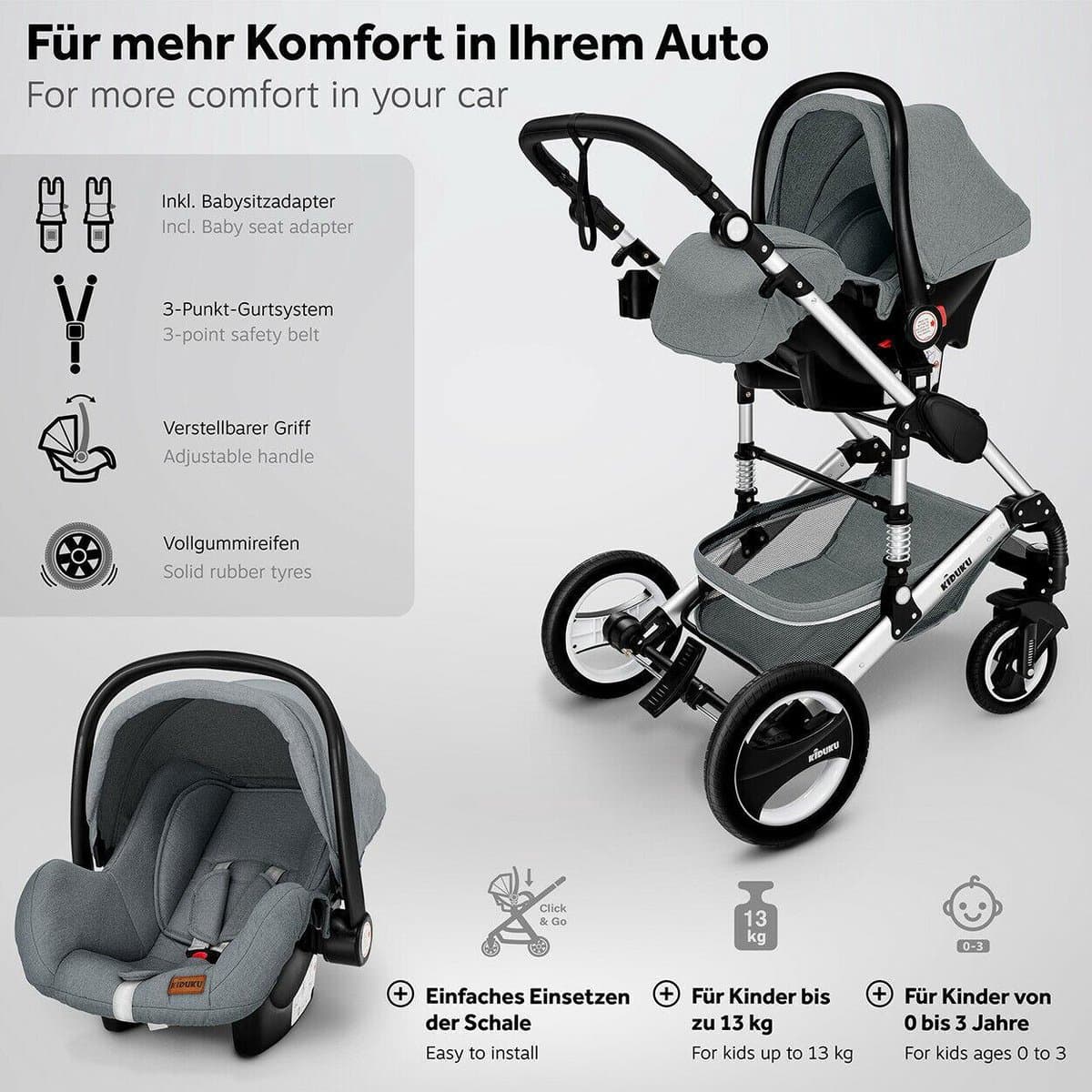 KIDUKU- 3 in 1 combi-kinderwagen- grijs/zilver- buggy incl. autostoeltje-regenhoes- inklapbaar thumbnail 2
