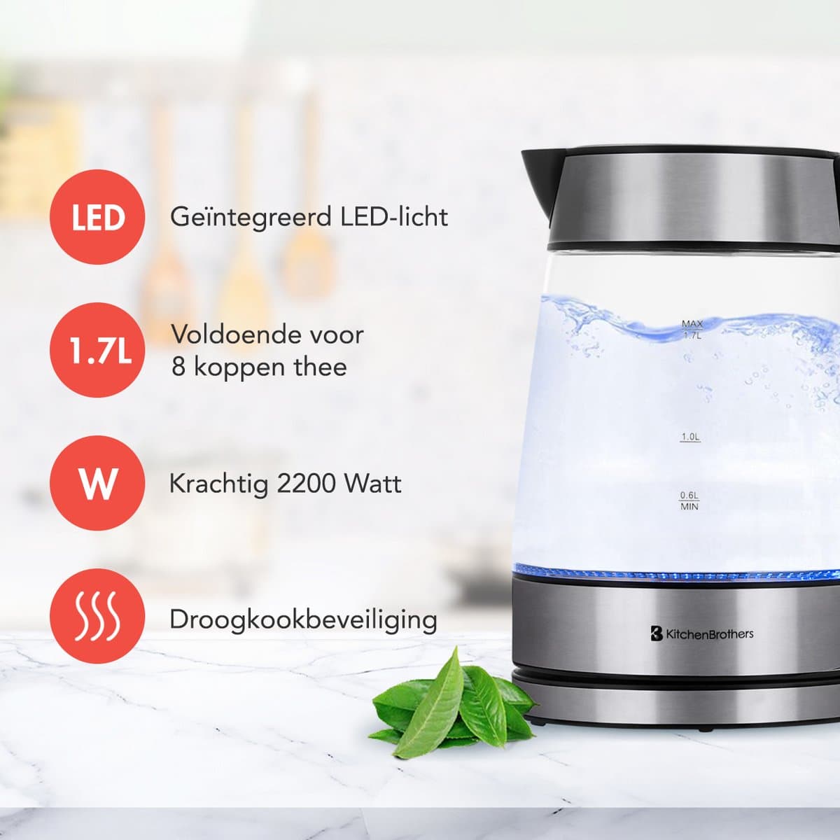 KitchenBrothers Glazen Waterkoker 1,7L – LED, 2200W, BPA-vrij thumbnail 2
