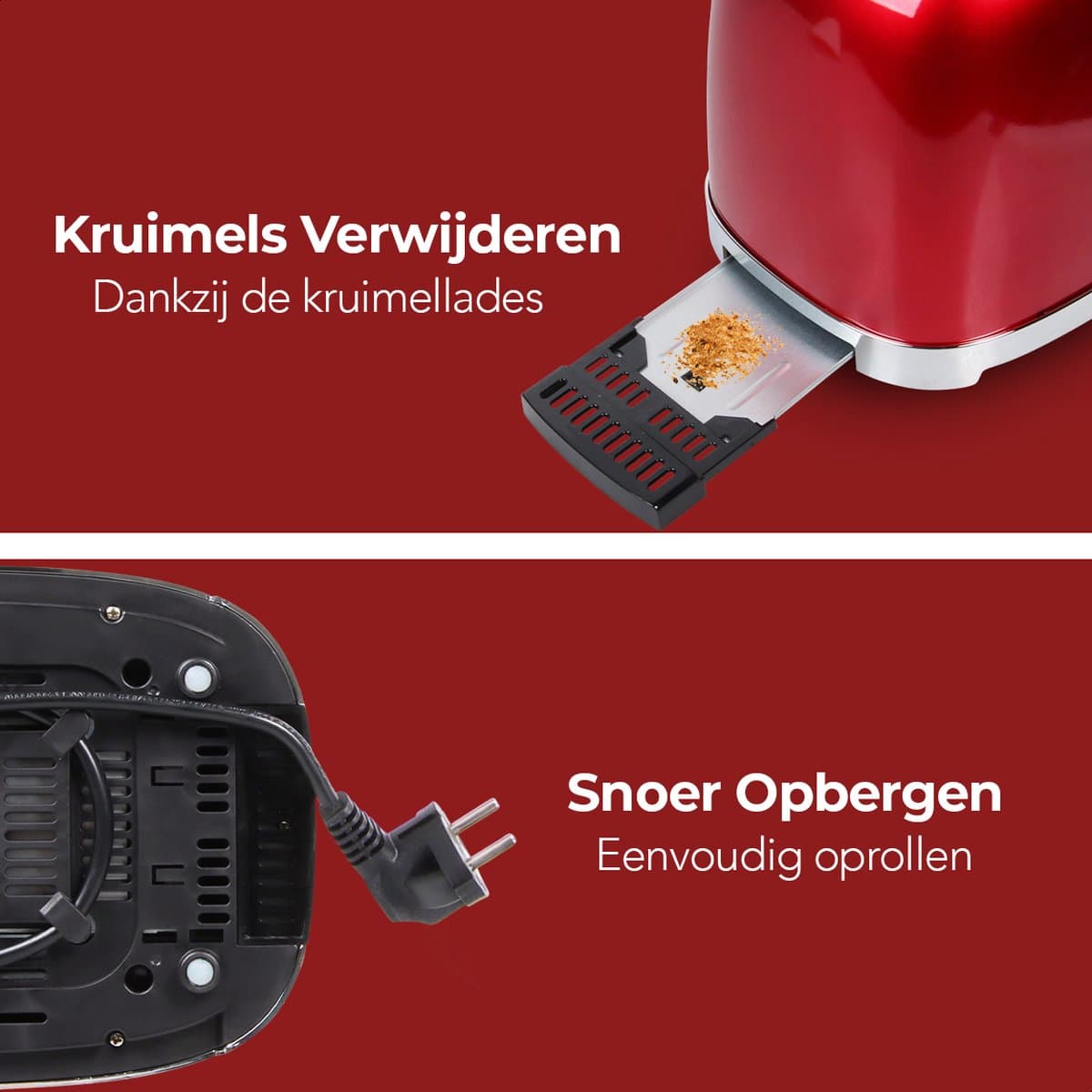 KitchenBrothers Retro Broodrooster - Toaster - 6 Warmteniveaus - 2 Extra Brede Sleuven - BPA-vrij - 815W - Rood thumbnail 3