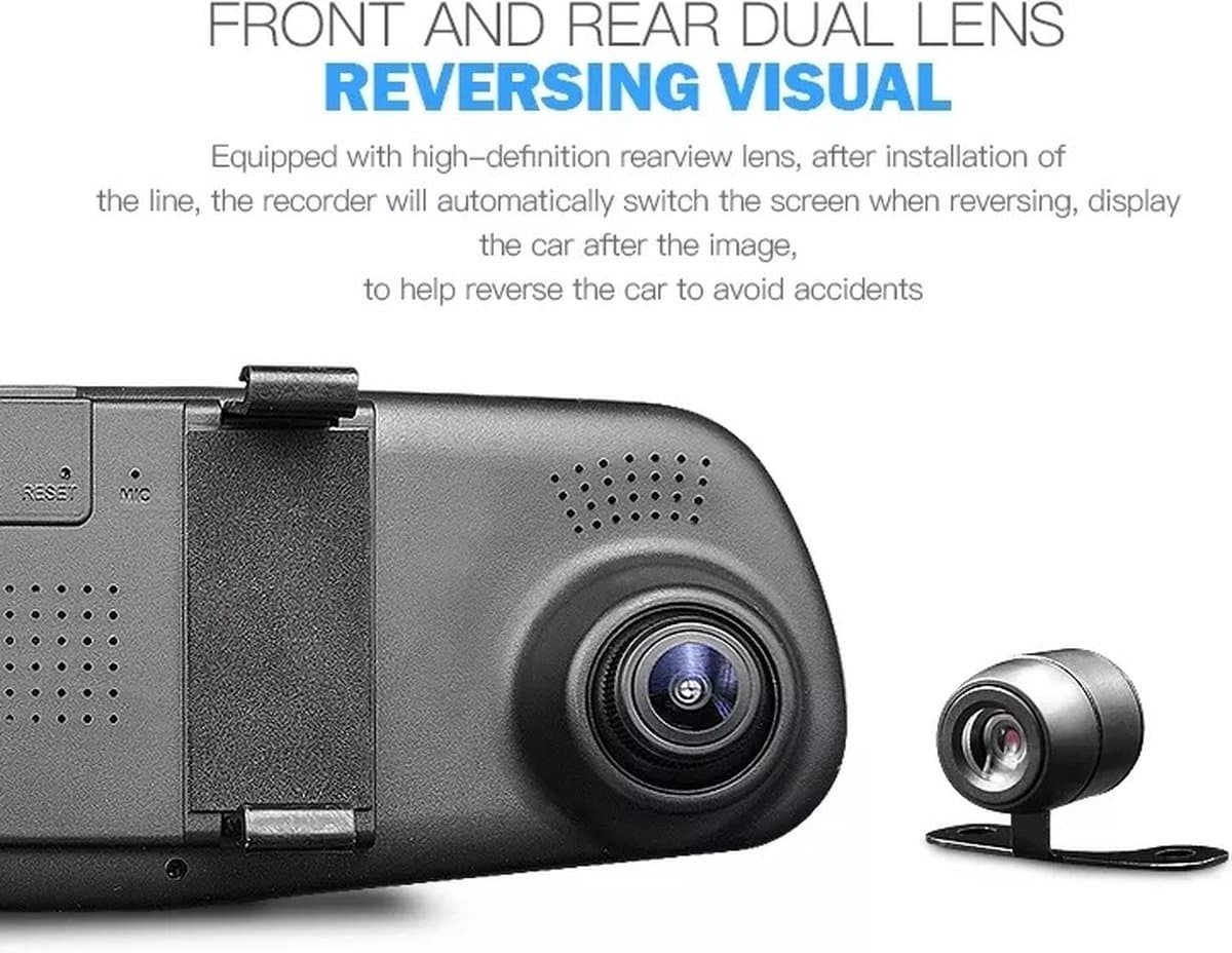 TechU™ Dashcam Voor en Achter Camera – M31 Zwart – Dashboardcamera – 4.3” Scherm & 12.2” Spiegel – G-sensor – Bewegingssensor – Loop recording – Nachtvisie – 130° Wijdhoeklens – Incl. Achteruitrijcamera - voor auto thumbnail 6
