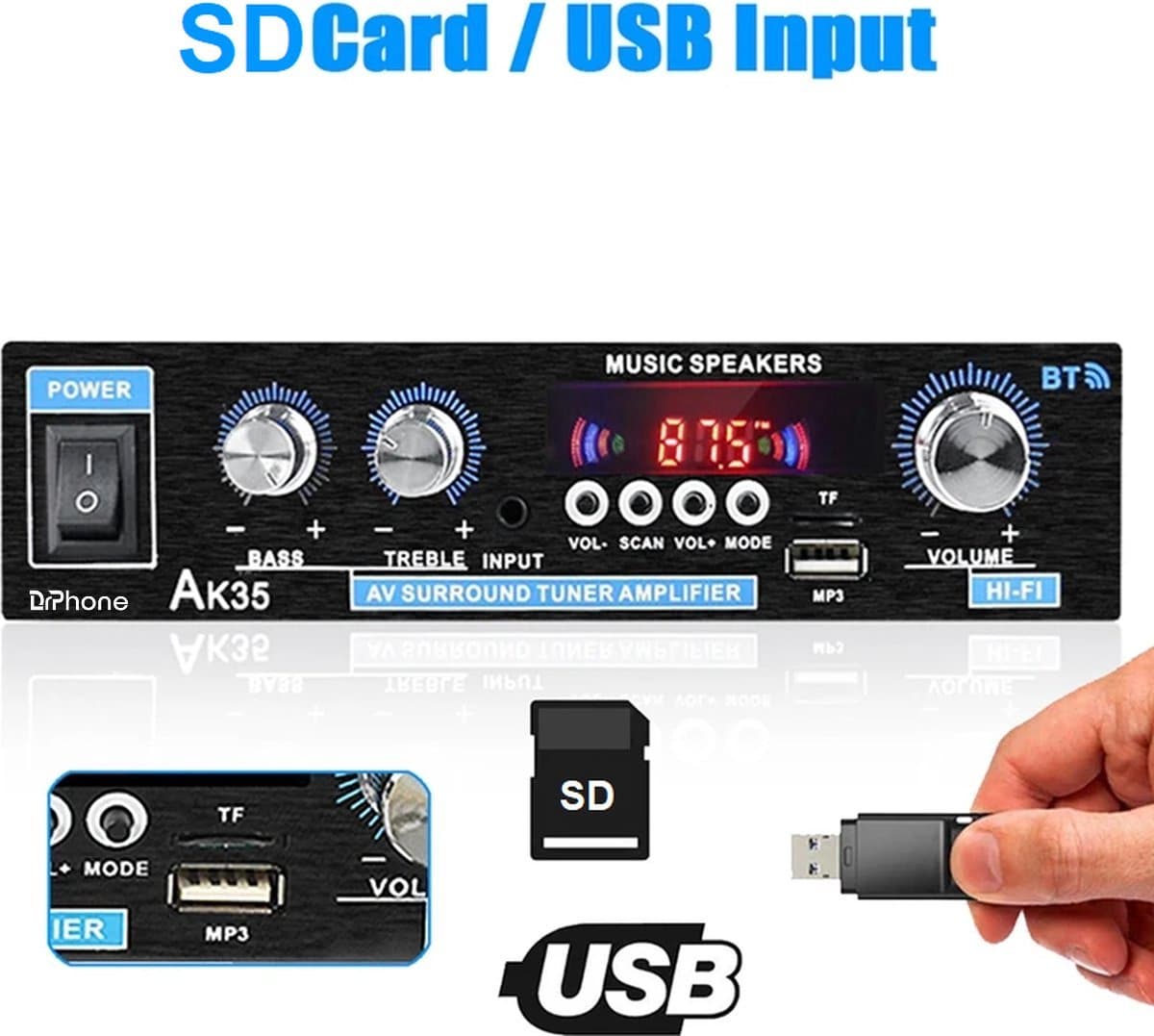 DrPhone PureSound Fosi - HiFi-stereo-audioversterker - Bluetooth Audio Power Versterker - 2-Kanaals Output – Met Afstandsbediening - Zwart thumbnail 2
