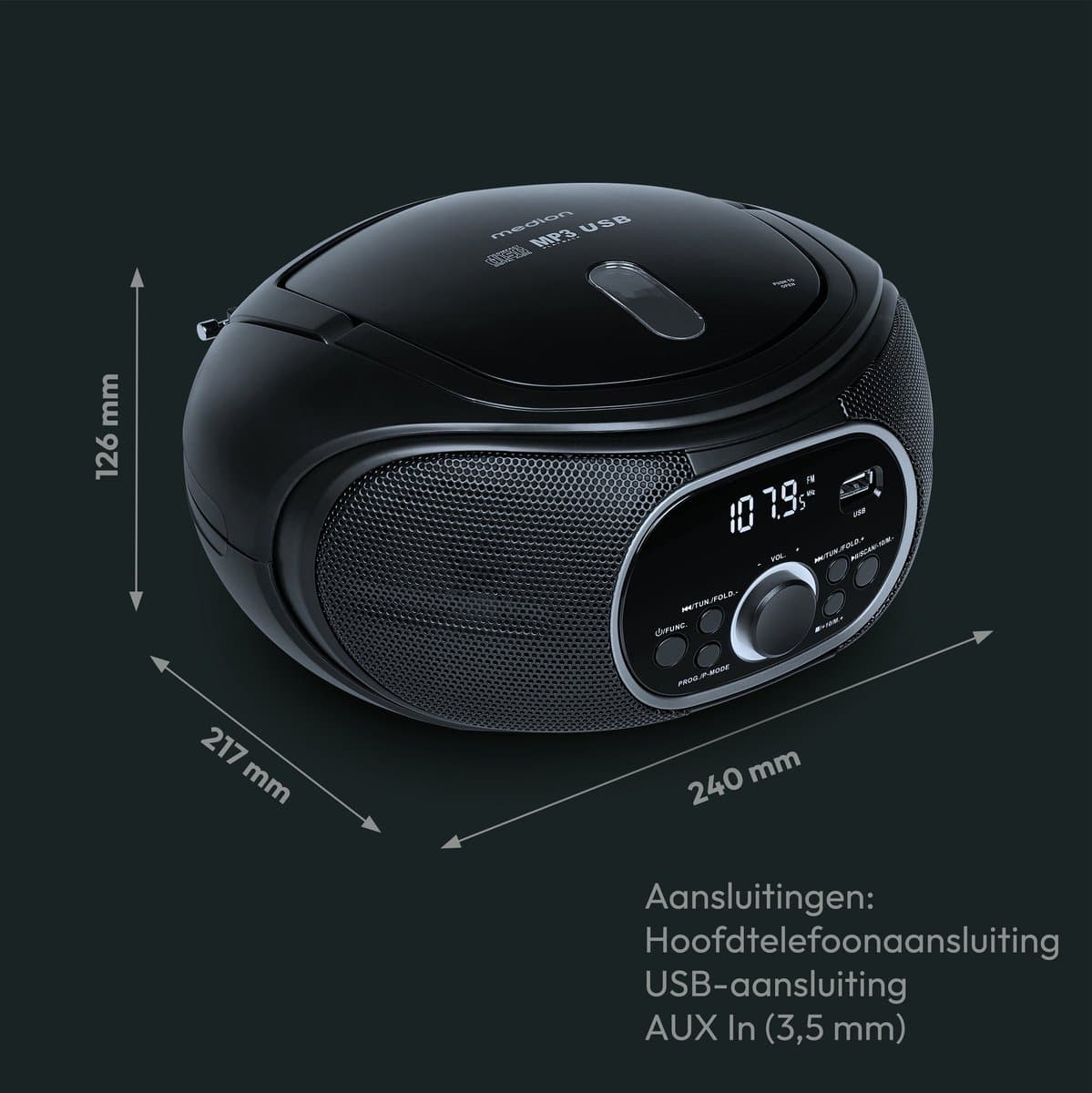 MEDION draagbare boombox E65711, CD/MP3-speler, FM, AUX, werkt op batterijen, zwart thumbnail 4
