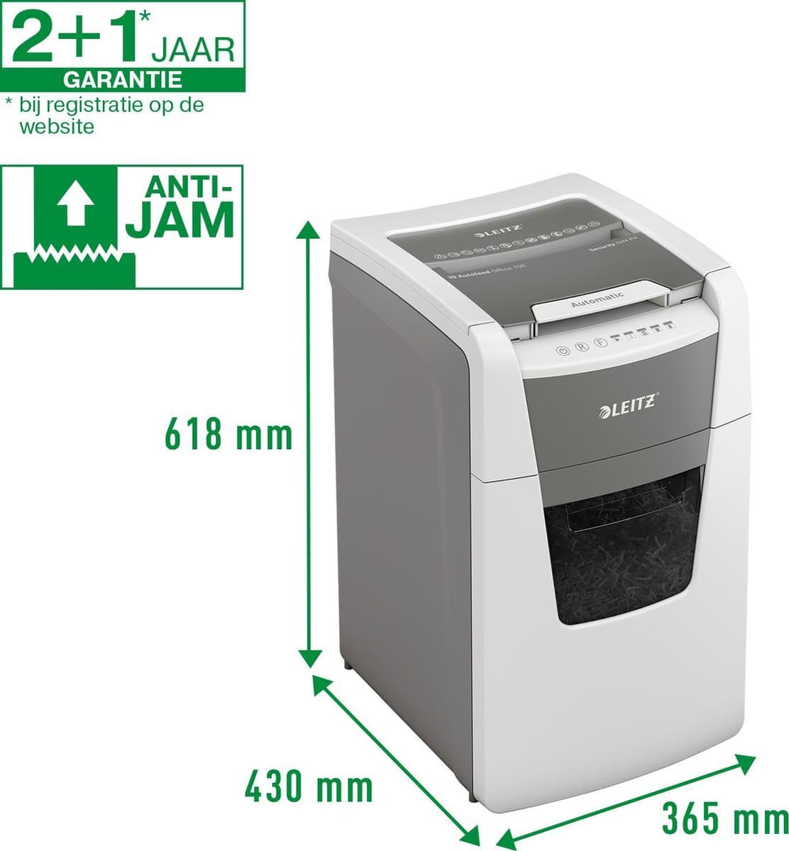 Leitz IQ Autofeed+ Office 150 Stille Papierversnipperaar - P4 Snippers - Tot 150 Vel - 44L - Wit thumbnail 6