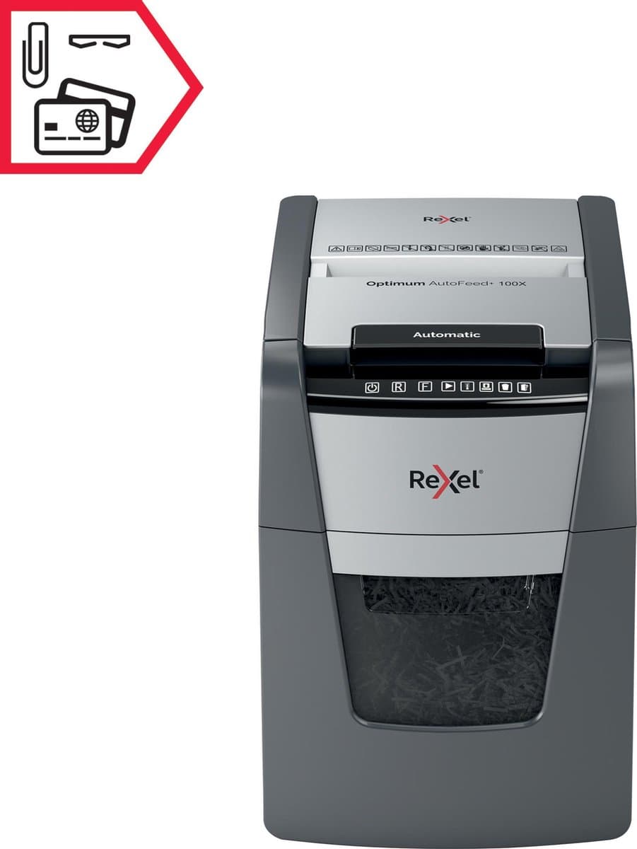 Rexel Optimum AutoFeed+ 100X Fluisterstille Papierversnipperaar - P4 Snippers - Automatische Invoer Tot 100 Vel - 34L - Zwart thumbnail 7