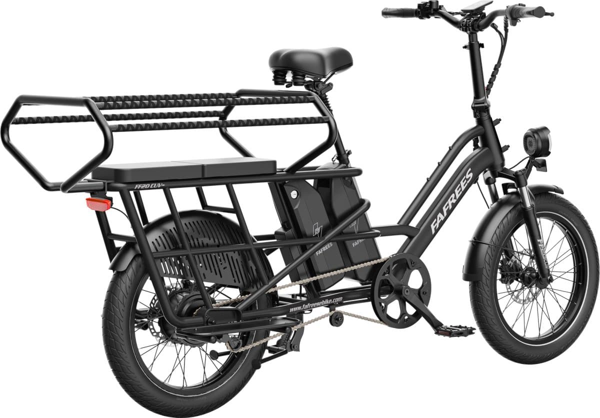 FAFREES 20 inch elektrische fiets met kinderzitjes en voorkorf – E-fiets – E-Bakfiets24Ah accu – maximaal 200kg draagvermogen – max 25km/u – Familie Longtail E-Cargo Bakfiets –tot 140km – voor gezinsuitjes en dagelijkse boodschappen –Zwart thumbnail 6