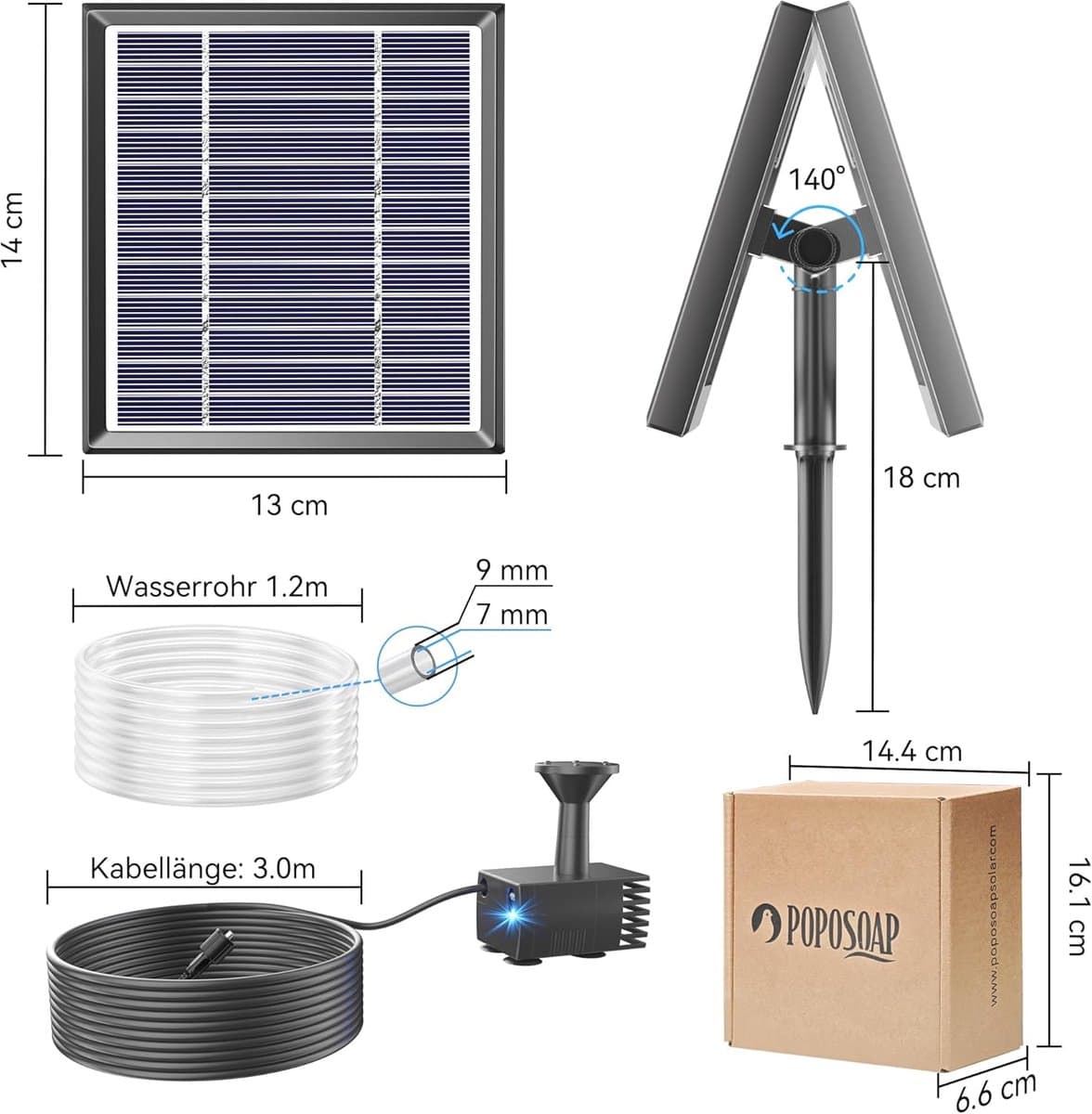POPOSOAP Solarfontein voor vogelfontein - 3 W Solarwaterpomp met 1,2 m slang - 5 sproeiers - Solarfontein voor kleine vijvers buiten - Tuin thumbnail 6