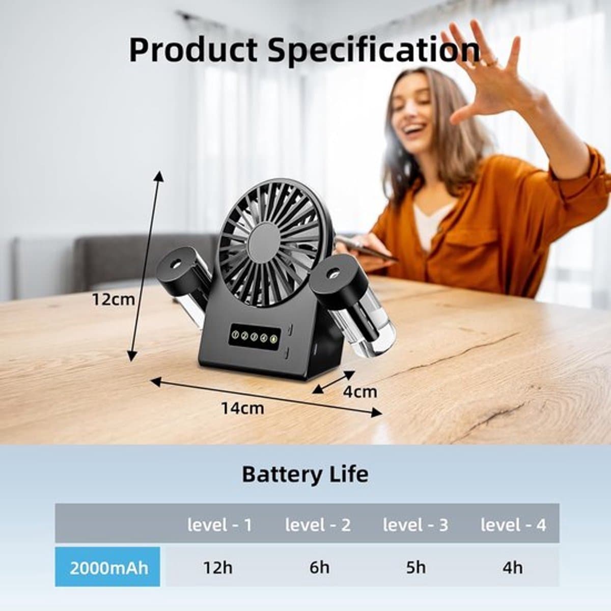 Solvix tafel ventilator geluidloos - Tafelfan - Zwart - Met 2 Sprayflessen - 4 Verstelbare Windsnelheden - Voor Thuis en Kantoor thumbnail 3