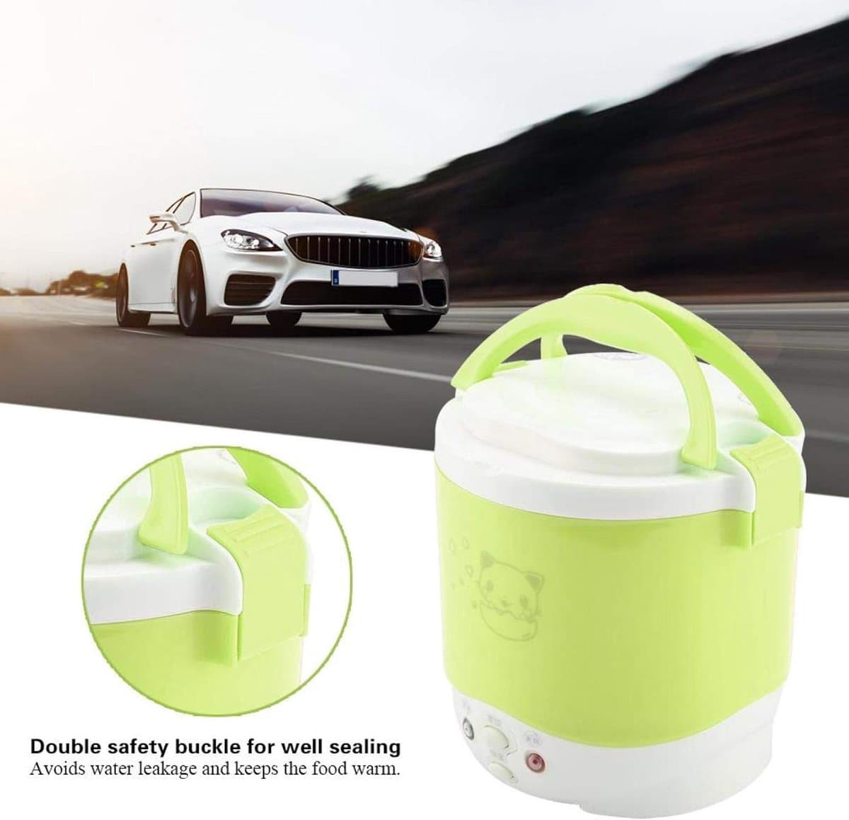 SnelShoppen - Electric Rice Cooker 12V 100W 1.3L Multifunctionele Reis- en Soepkoker - Draagbare Food Steamer voor Auto - Groene Kleur voor Camping en thumbnail 6