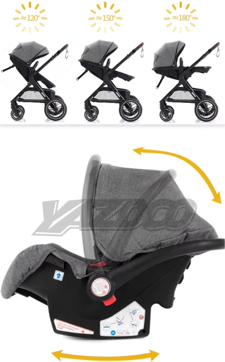 J&R Kinderwagen 3 in 1 - Kinderwagen - Bedje - Buggy - Autostoel - Opvouwbaar - Aluminium frame - Roze - Zwart thumbnail 4