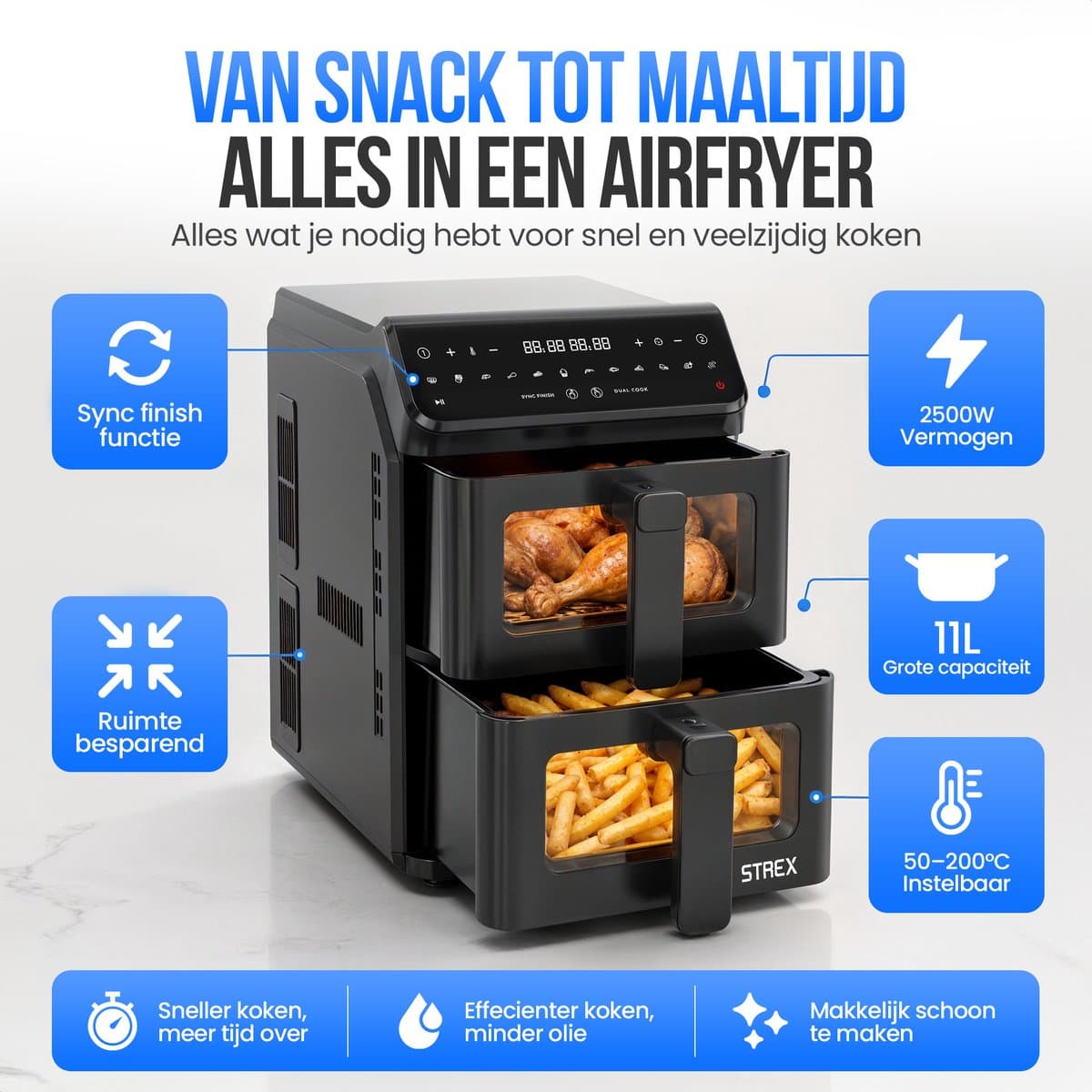 Strex Airfryer Dubbele Mand 11L XXL Heteluchtfriteuse 2500W - Airfryer 2 Manden - Dual Basket - 13 Kookprogramma's - Airfryer Verticaal Groot voor Gezin thumbnail 2