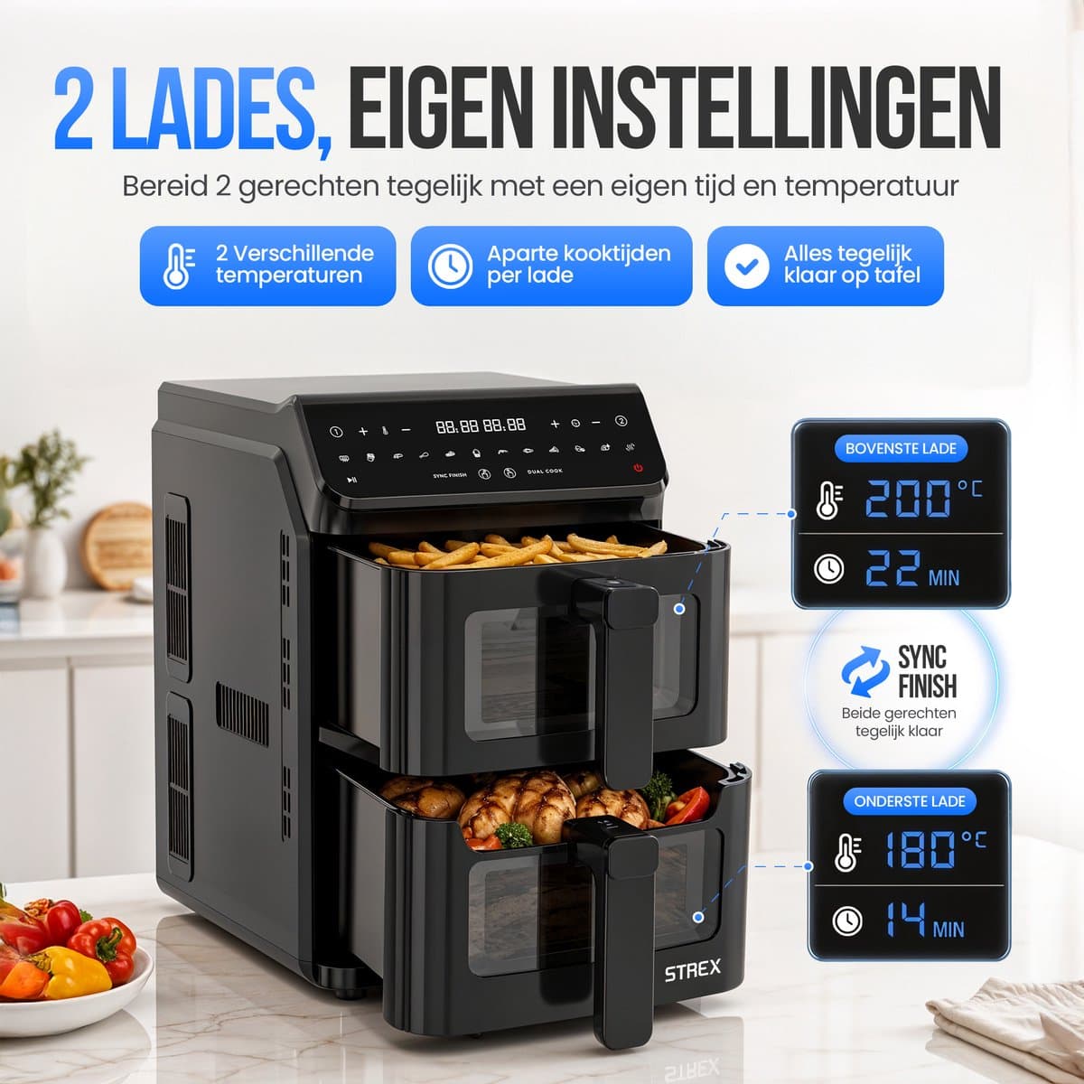 Strex Airfryer Dubbele Mand 11L XXL Heteluchtfriteuse 2500W - Airfryer 2 Manden - Dual Basket - 13 Kookprogramma's - Airfryer Verticaal Groot voor Gezin thumbnail 3