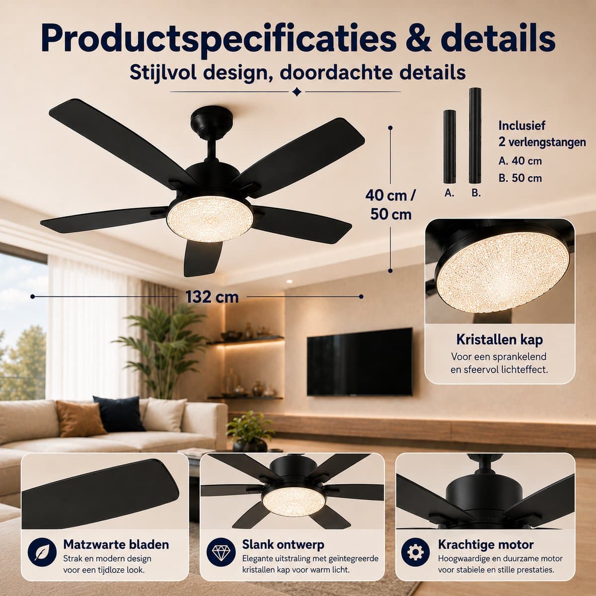 MUPOO Modern Zwart plafondventilator met verlichting Ø132 cm- plafonventilator afstandsbediening & APP -Stille DC Motor & 6 Snelheden-zomer- en winterstand-ventilator lamp plafond met Dubbelzijdige bladen Voor Woonkamer, Slaapkamer en Kantoor thumbnail 4