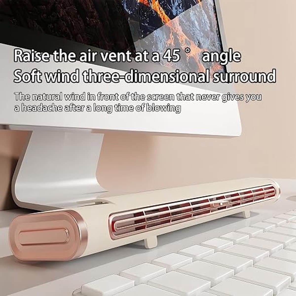 Staande torenventilator USB oplaadbaar, multifunctionele bladloze bureauventilator voor scherm, muur en tafel, stille ventilator voor slaapkamer kantoor studentenkamer, verstelbare luchtuitlaat, grote luchtvolume, crème roségoud design thumbnail 3