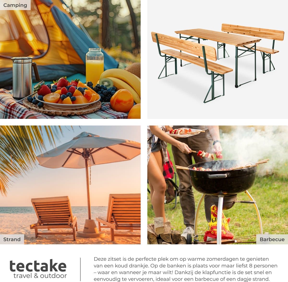 tectake® Biertafel met 2 Banken - 8 personen - 170 cm lang - 3-delige Biertafelset met Inklapbare Tafel en Banken met Rugleuningen - Tuintafel - Bierbank Oktoberfest thumbnail 4