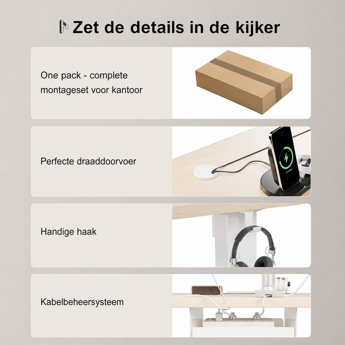 Devoko Elektrisch Zit-Sta Bureau 160x80 cm – 18 mm Dik Tafelblad – 3 Geheugenstanden – USB en Zit-alarm – Kabelmanagement – Wit frame met houtkleurig blad thumbnail 4