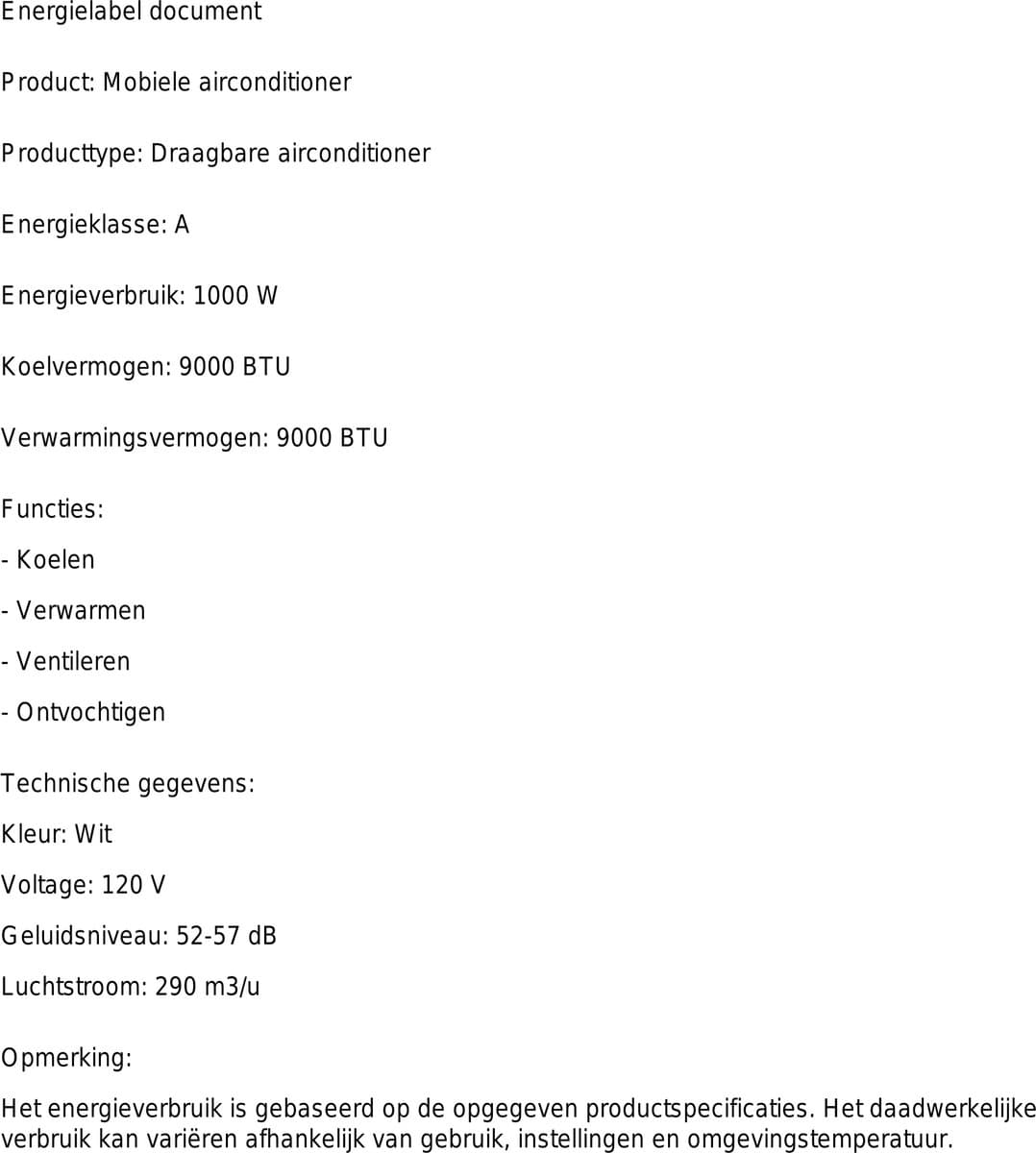Mobiele airco draagbaar airconditioner met ontvochtiger afstandsbediening 9000 BTU thumbnail 2
