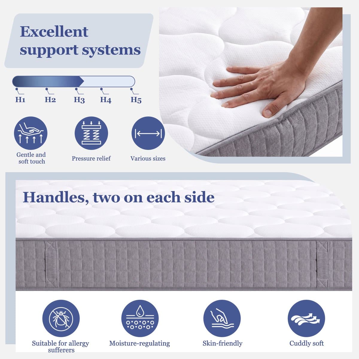 MIVRAY Pocketveringmatras 140x200 cm - 7 Zones H3 met Ergonomische Ondersteuning en 25 cm Hoogte - Ademend - Polyester - Wit thumbnail 3