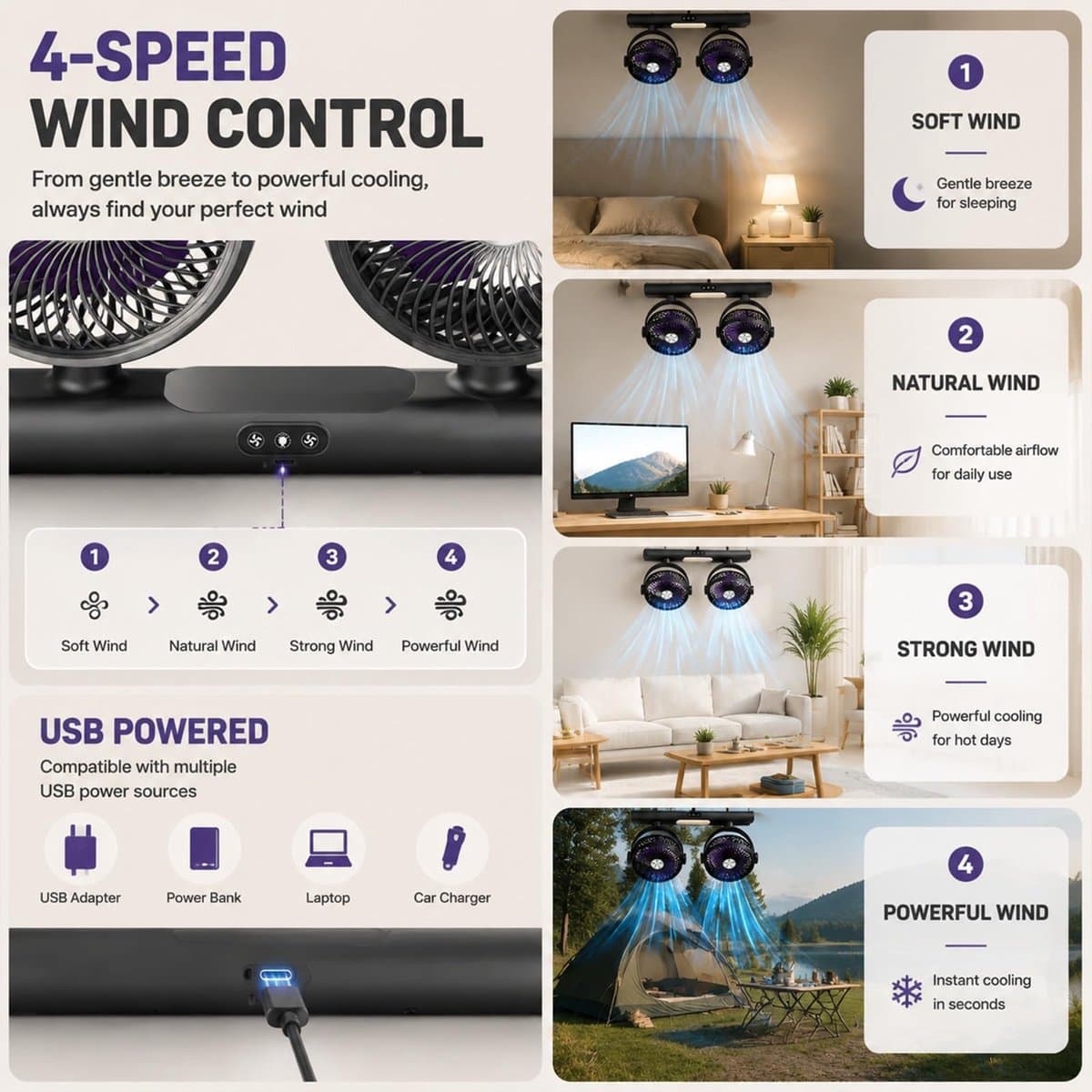 Kraftverdia® Dubbele Luchtcirculator – USB Oplaadbare Bureauventilator met 2 Ventilatorkoppen – Tafel-, Hang- en Wandventilator – 3 Snelheden – LED Verlichting – Type-C – Grijs thumbnail 3