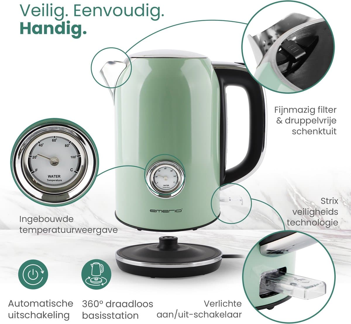 Emerio Retro Waterkoker - 1.7 Liter - 360° draaibaar - Verborgen verwarmingselement - 2200W - WK-133282 Groen thumbnail 2