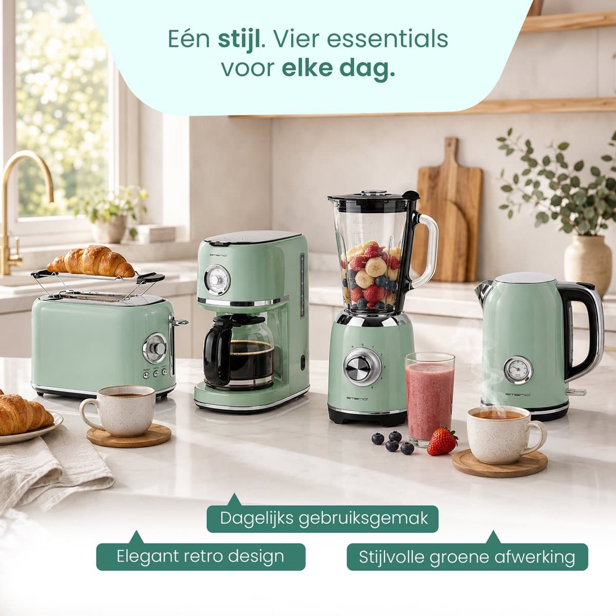 Emerio Retro Waterkoker - 1.7 Liter - 360° draaibaar - Verborgen verwarmingselement - 2200W - WK-133282 Groen thumbnail 5
