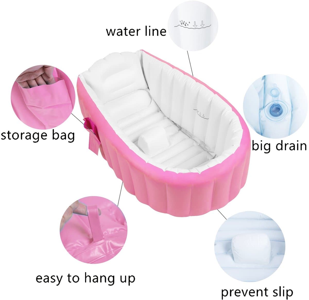 Dailygoods- Opblaasbare Badkuip - Inklapbaar - Zachte Bodem - 45° Rugleuning - Voor Pasgeborenen - PVC Materiaal - Roze Kleur - Babybadkuip thumbnail 4