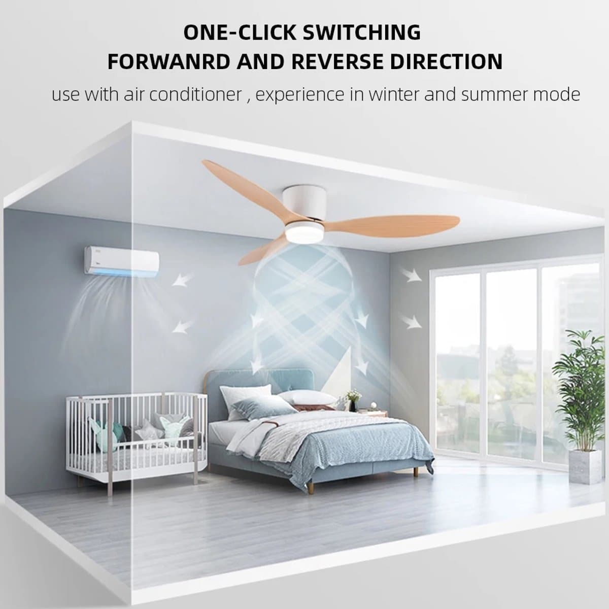 Plafondventilator 3 blad Ø105cm hout - stille ventilator – top kwaliteit - energie zuinig -met remote - ventilator voor laag plafond - 6 snelheden – beste alternatief voor airco - zomer en winter stand – houten ventilator thumbnail 4