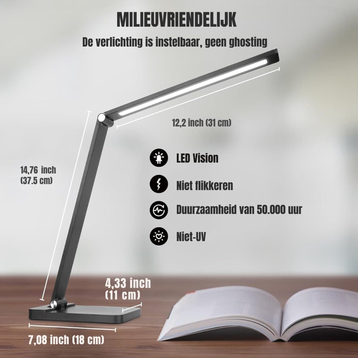 QORA® Bureaulamp led dimbaar daglicht - USB oplaadbaar - 5 kleurenfuncties - Daglichtlamp - Touchscreen - Lichttherapielamp - Hobby lamp voor schilderen, puzzelen – UV-Vrij - Tafellamp/lamp staand - Zwart - ‎40cm x 12cm x 4cm thumbnail 4
