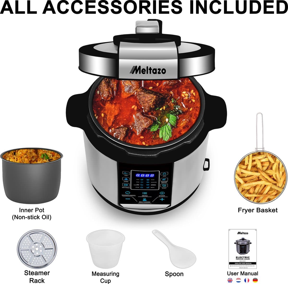MELTAZO Multicooker, 6L, 14-in-1 Elektrische Snelkookpan met LED Touch Screen, Pressure Cooker Electrisch, Electric Pressure Cooker, Multicuiseur, Multi cooker, Rijstkoker, Yoghurtmaker, Slowcooker, Soepmaker, Stomer (RVS/Zwart) thumbnail 2