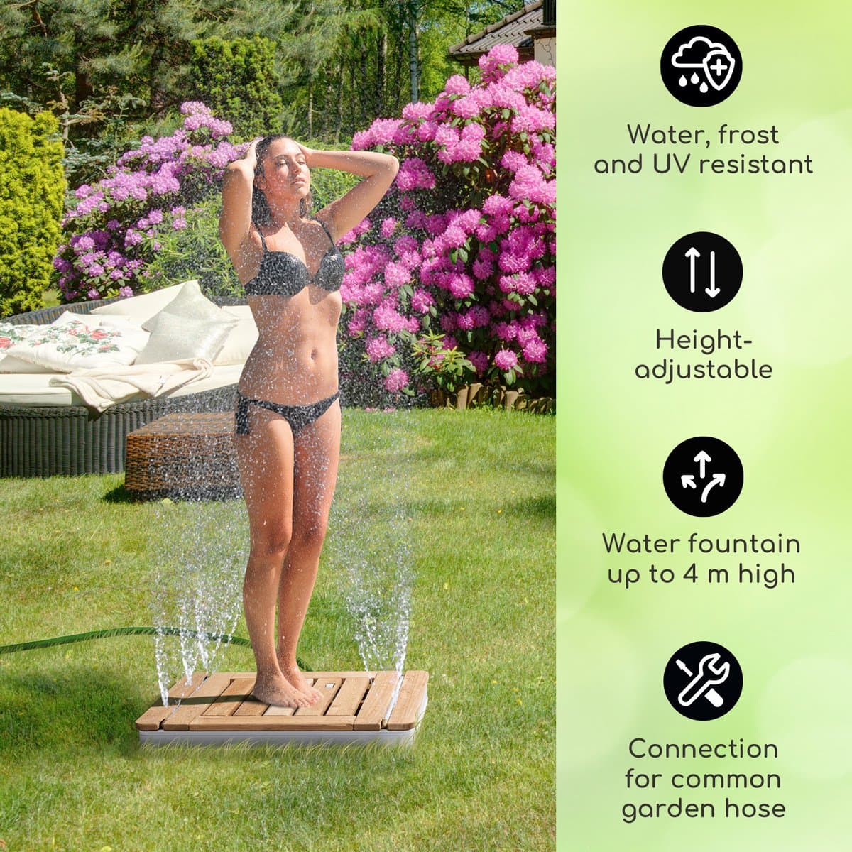 Blumfeldt mobiele tuindouche, buitendouche voor de tuin, vloerdouche met 4m waterstraalhoogte, vloertuindouche met houten look voor zwembad & sauna, buitendouche waterdicht, vorst- & UV-bestendig thumbnail 7