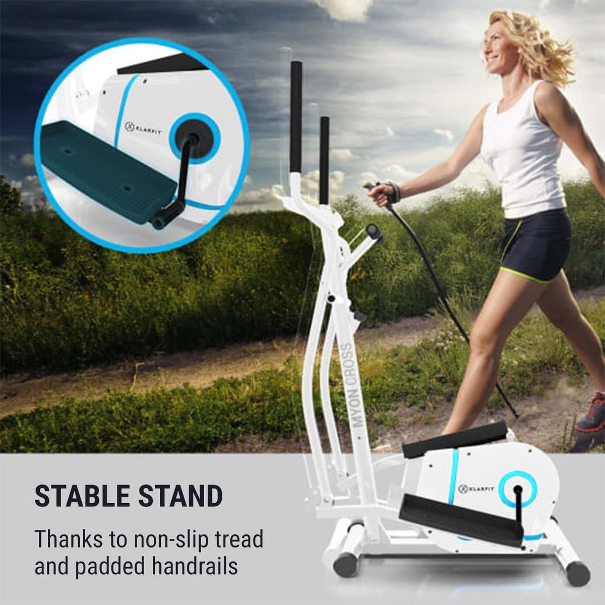 Klarfit Myon Cross Crosstrainer – Crosstrainer met 12 kg Vliegwiel, Elliptische Trainer met SilentBelt Systeem, 8 Weerstandsniveaus, Tablethouder, PulseControl, Antiekwit thumbnail 4