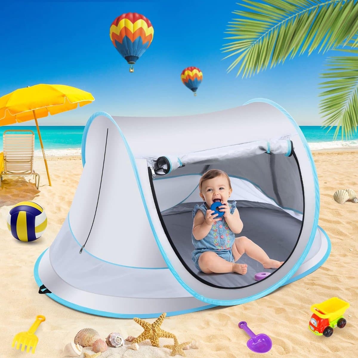 Fuegobird BabyBox Campingbedje - Baby Tentje - UV-beschermingsniveau UV50+ - Blokkeer Muggen - Opvouwbare opslag - Versterking van grondspijkers - Zilver Grijs/Blauw thumbnail 7