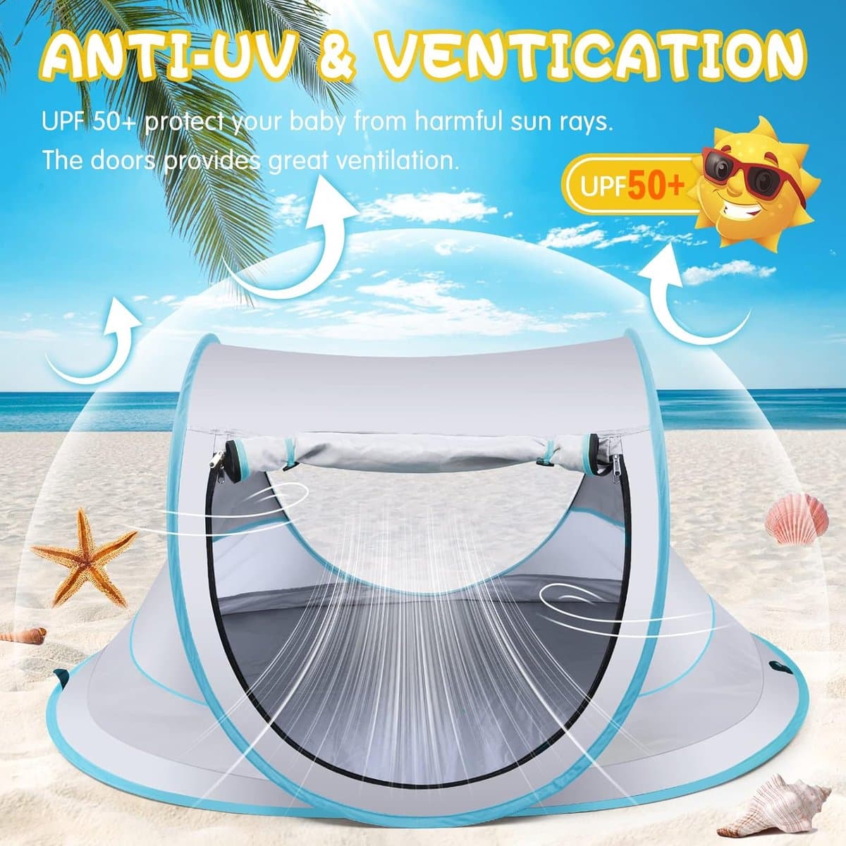 Fuegobird BabyBox Campingbedje - Baby Tentje - UV-beschermingsniveau UV50+ - Blokkeer Muggen - Opvouwbare opslag - Versterking van grondspijkers - Zilver Grijs/Blauw thumbnail 4