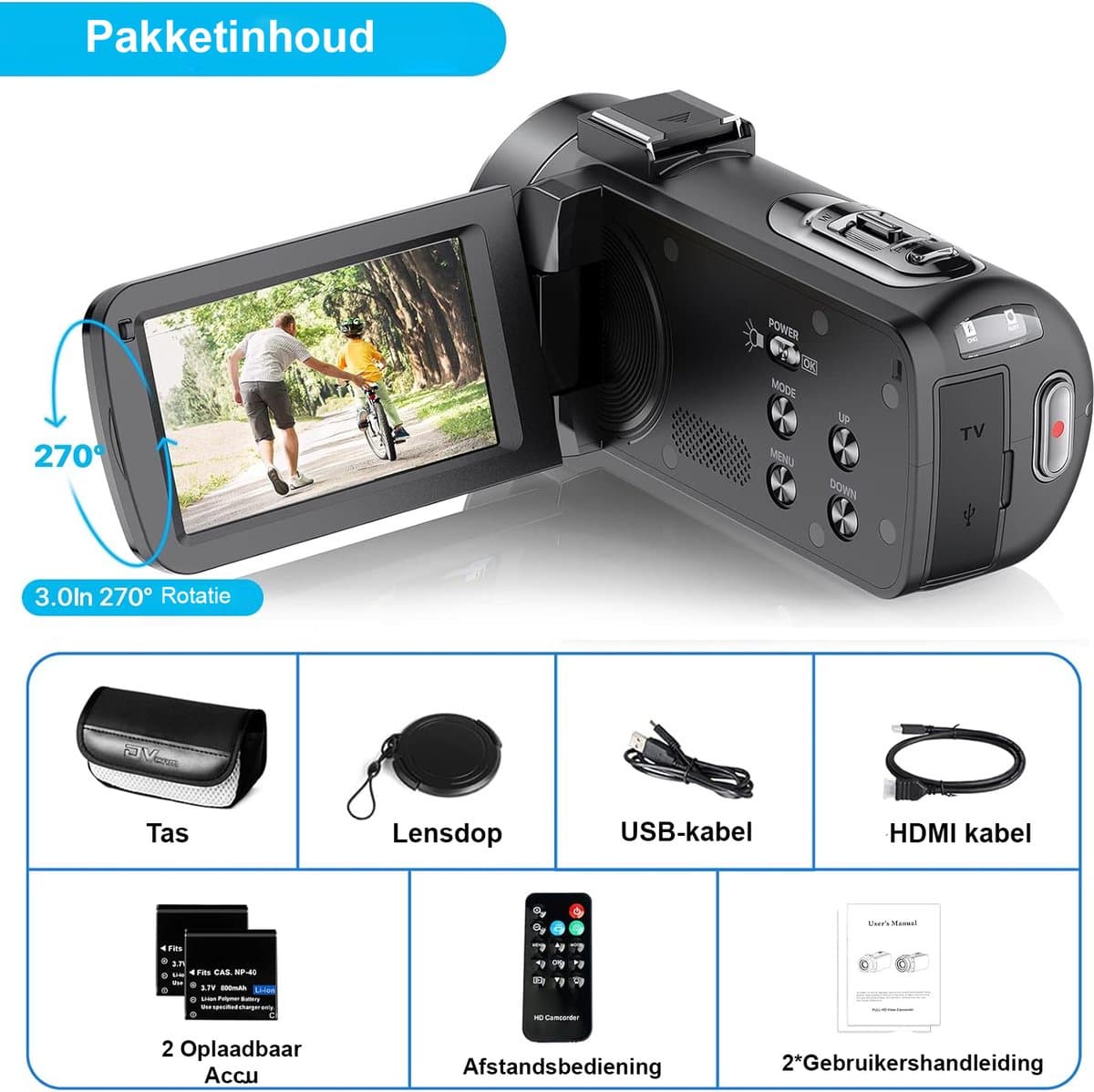 Digitale Camcorder voor Beginners - Full HD Videocamera voor YouTube en Vlogging - Inclusief Extra Batterijen - Handheld Video Recorder met Beeldstabilisatie - 3 Inch LCD Scherm - Draagbaar en Gebruiksvriendelijk thumbnail 8